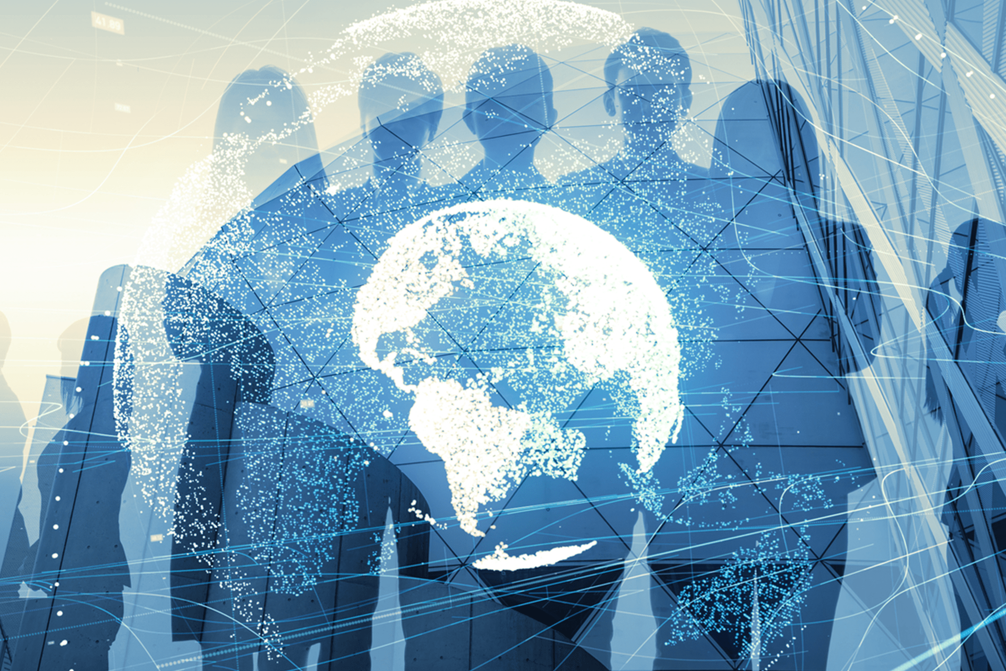 Globe graphics with background of business people